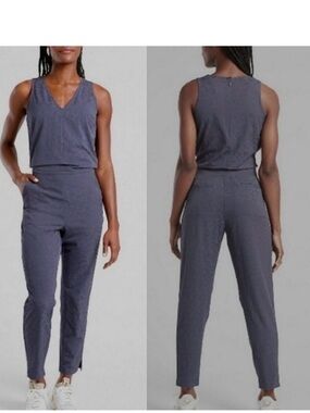 Athleta Brooklyn Textured Jumpsuit Blue Athleisure Sz 0 Tall